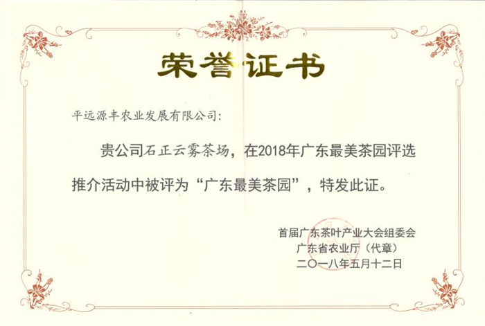 公司荣誉-广东最美茶园证书